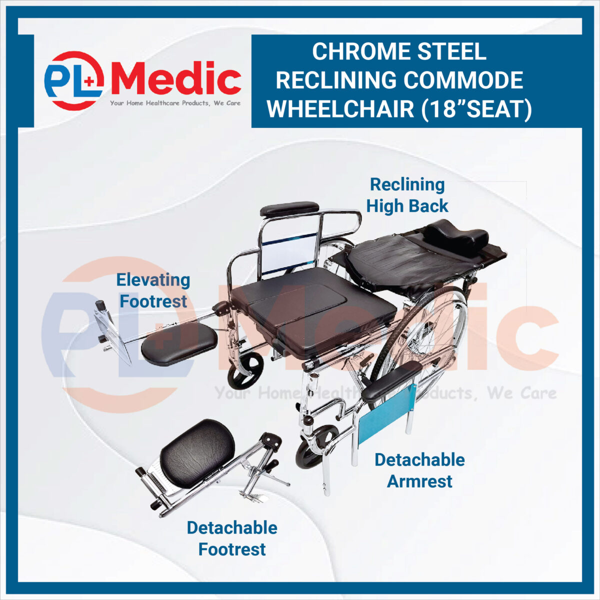 Chrome Steel Reclining Commode Wheelchair PL Science Medic