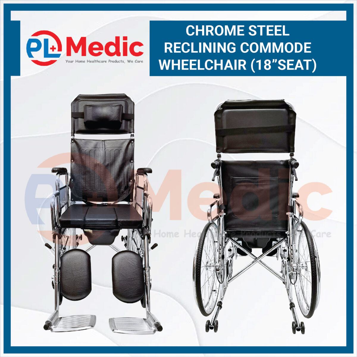 Chrome Steel Reclining Commode Wheelchair PL Science Medic