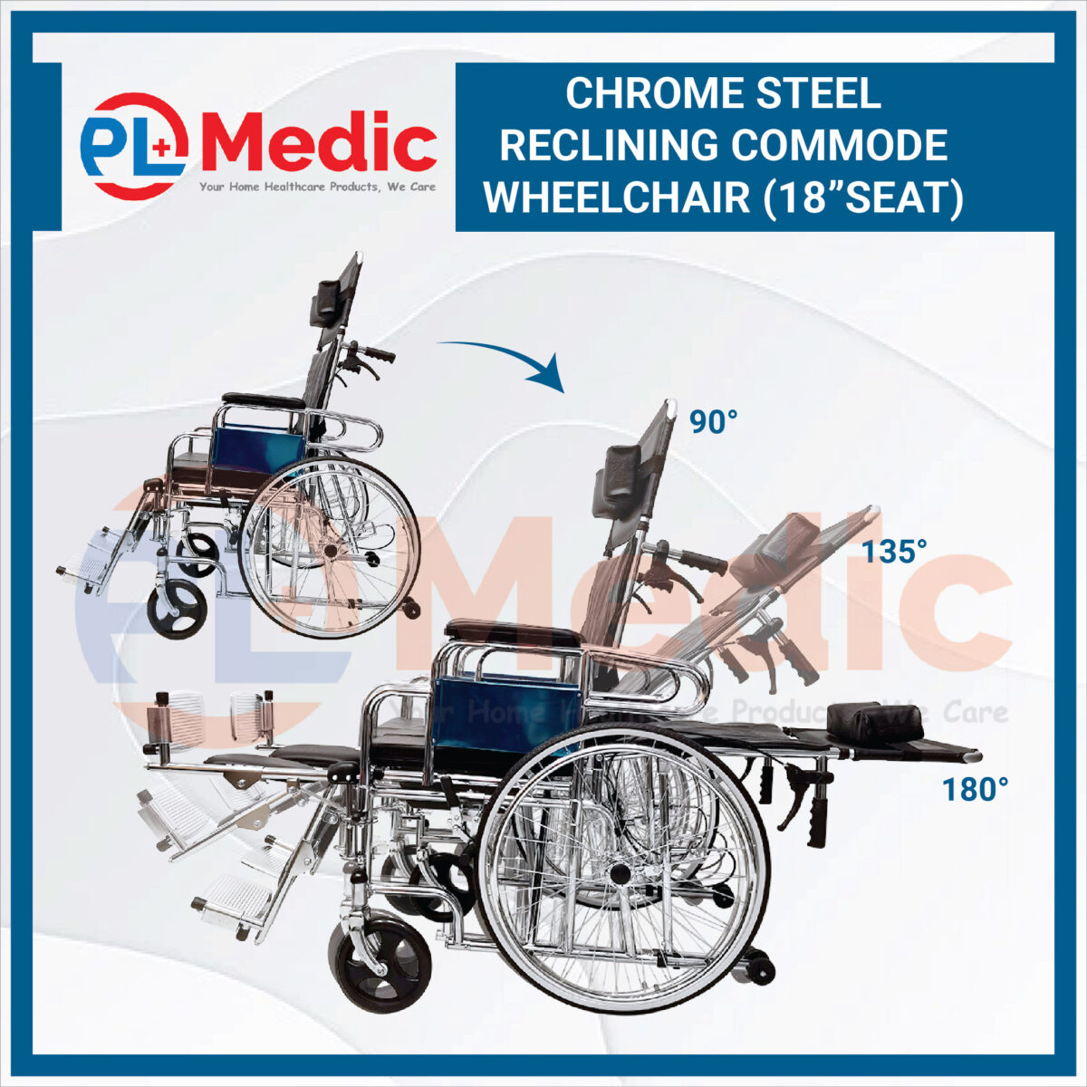 Chrome Steel Reclining Commode Wheelchair PL Science Medic