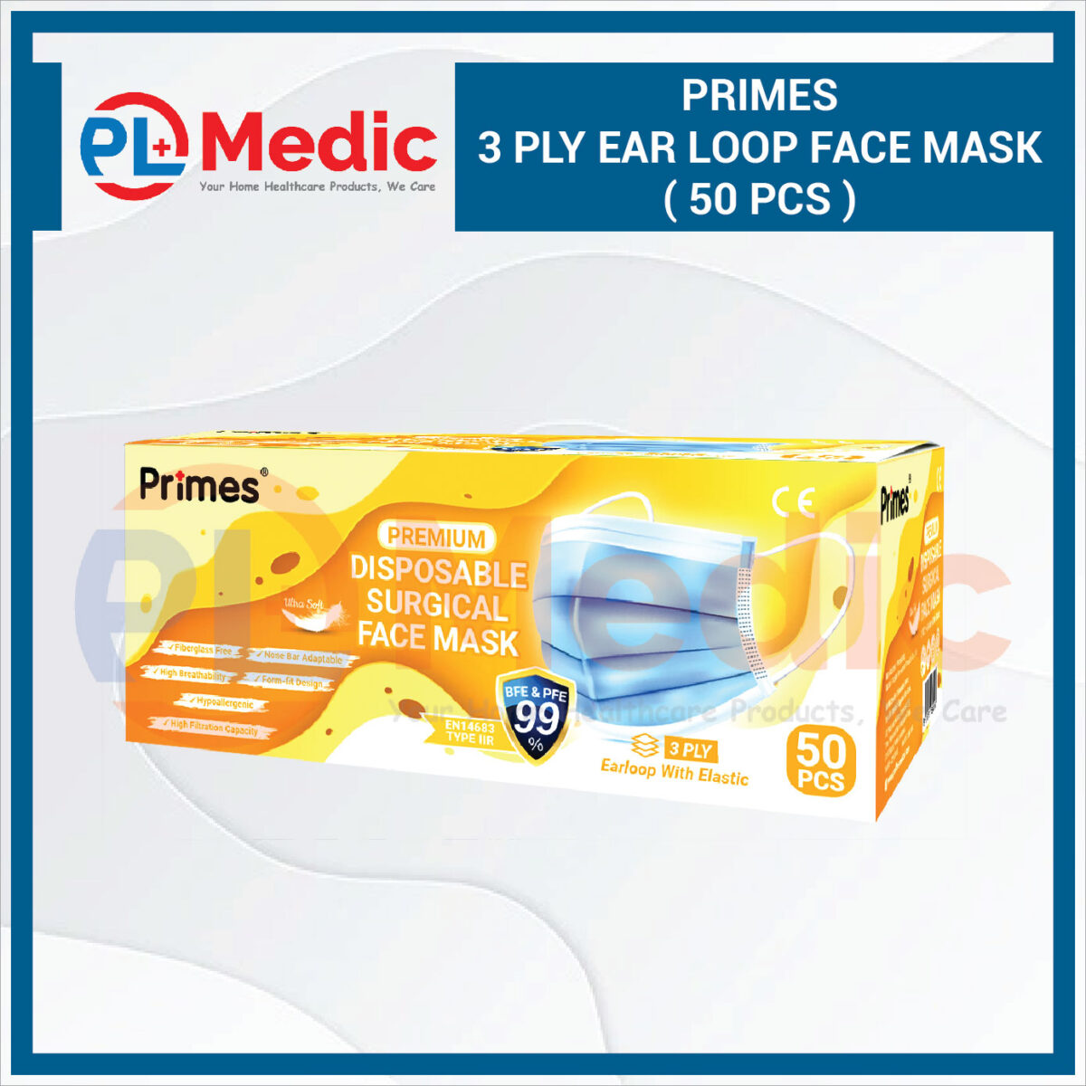 Primes 3 Ply Ear Loop Face Mask PL Science Medic